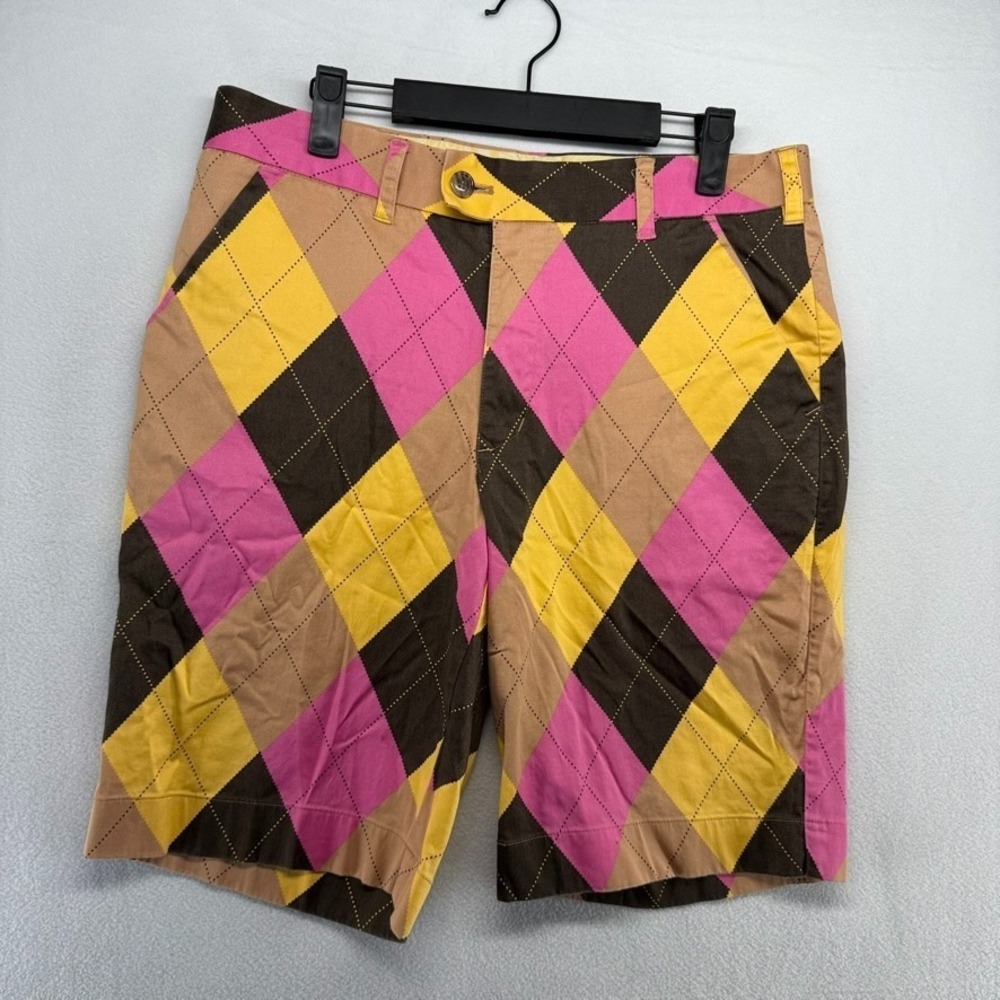Loudmouth Golf Shorts Mens 32 Orange Pink Diamond Argyle Preppy Funky Flat 10.5"